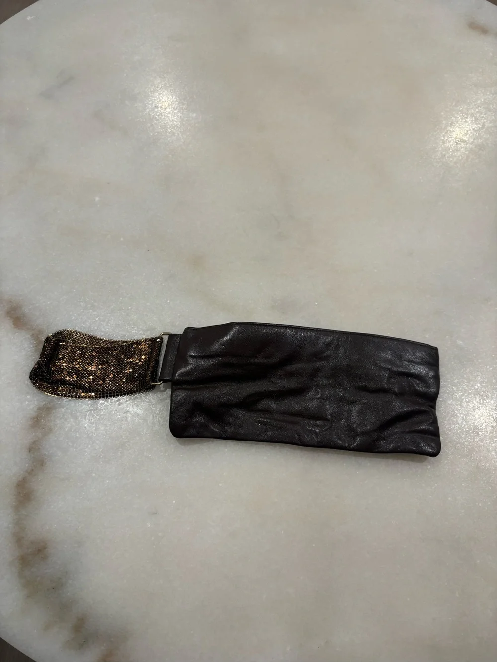 Black Leather Wristlet Clutch with Gold Sequin Strap